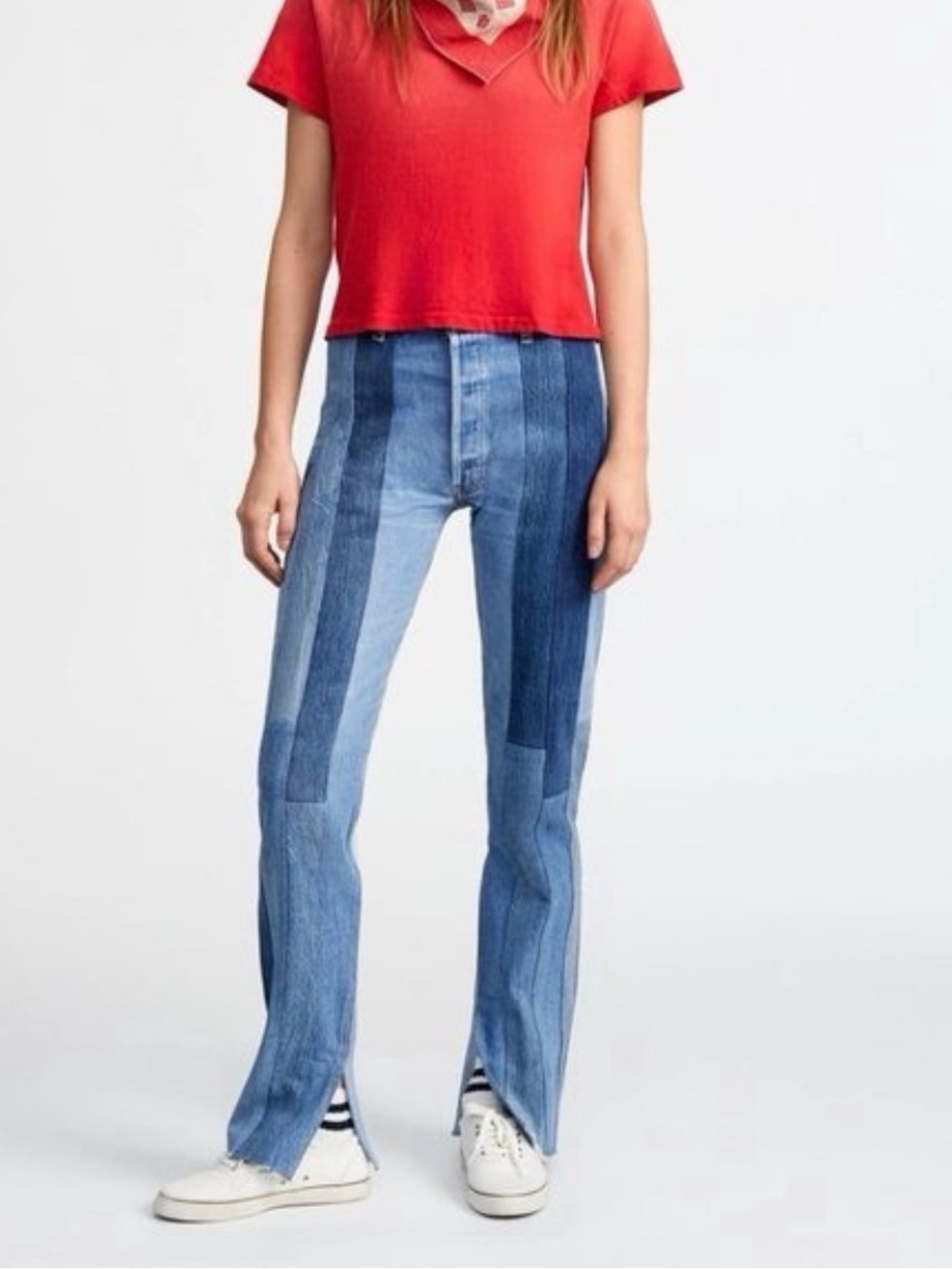 RARE RE/DONE x Levi’s 60s Patched Skinny Boot Raw Hem Jeans in Indigo.